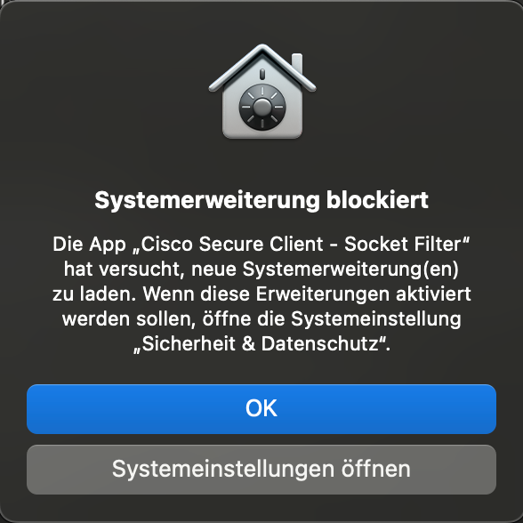 Es ist der Dialog "Systemerweiterung blockiert" zu sehen. Die Schaltflächen "OK" und "Systemeinstellungen öffnen" sind zu sehen.