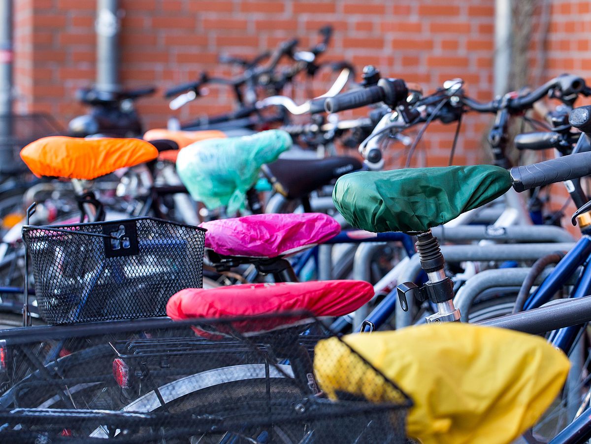 Bikes with multicolored saddle covers.